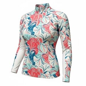 LADY HAGEN white/aqua/coral 1/4 zip mock neck golf shirt size Medium